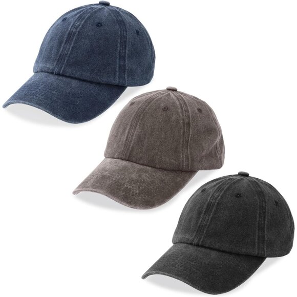Men's Brown Blue Gray 3 Pack Plain Cotton Retro Adjustable Baseball Hat Cap - Picture 1 of 7